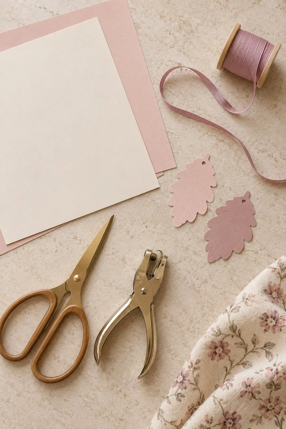 Cream and blush cardstock, cut paper leaves, scissors, a hole punch, and mauve ribbon on limestone.
