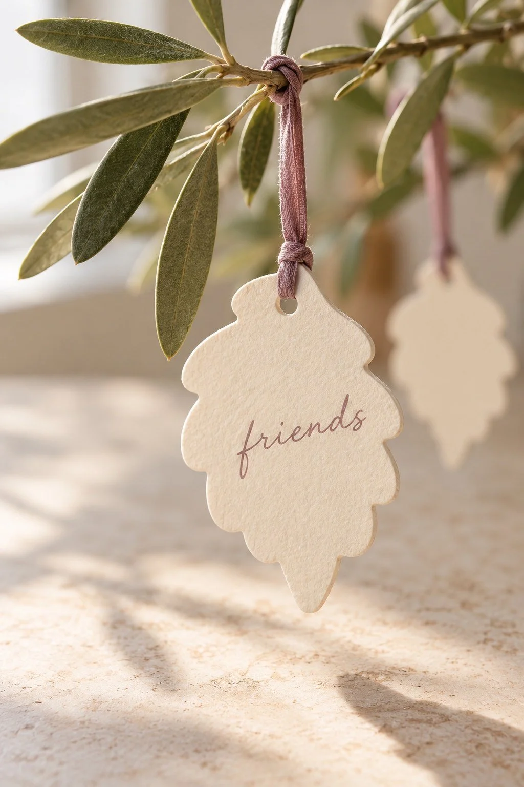 A cream paper leaf marked friends hangs from an olive twig by mauve ribbon.