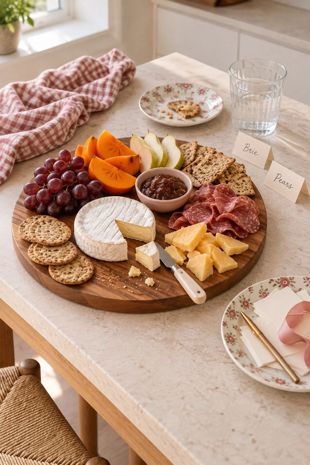 A round walnut snack board holds brie, cheddar, grapes, pears, persimmons, salami, and crackers beside paper labels.