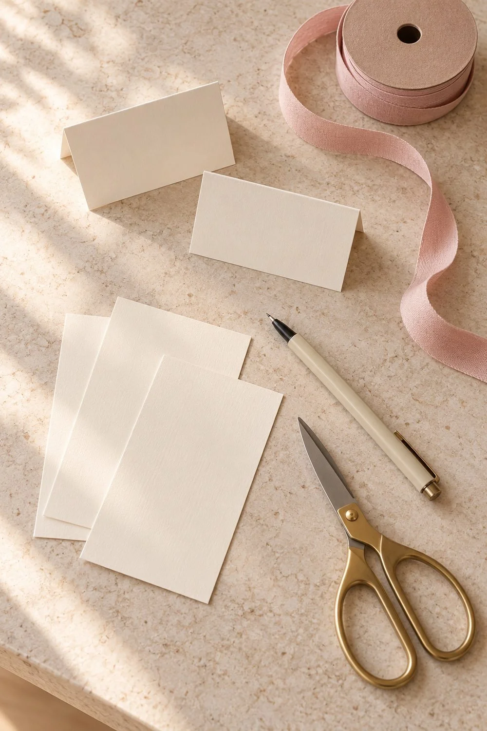 Cream paper tent cards and blanks sit beside a pen, scissors, and pink ribbon.