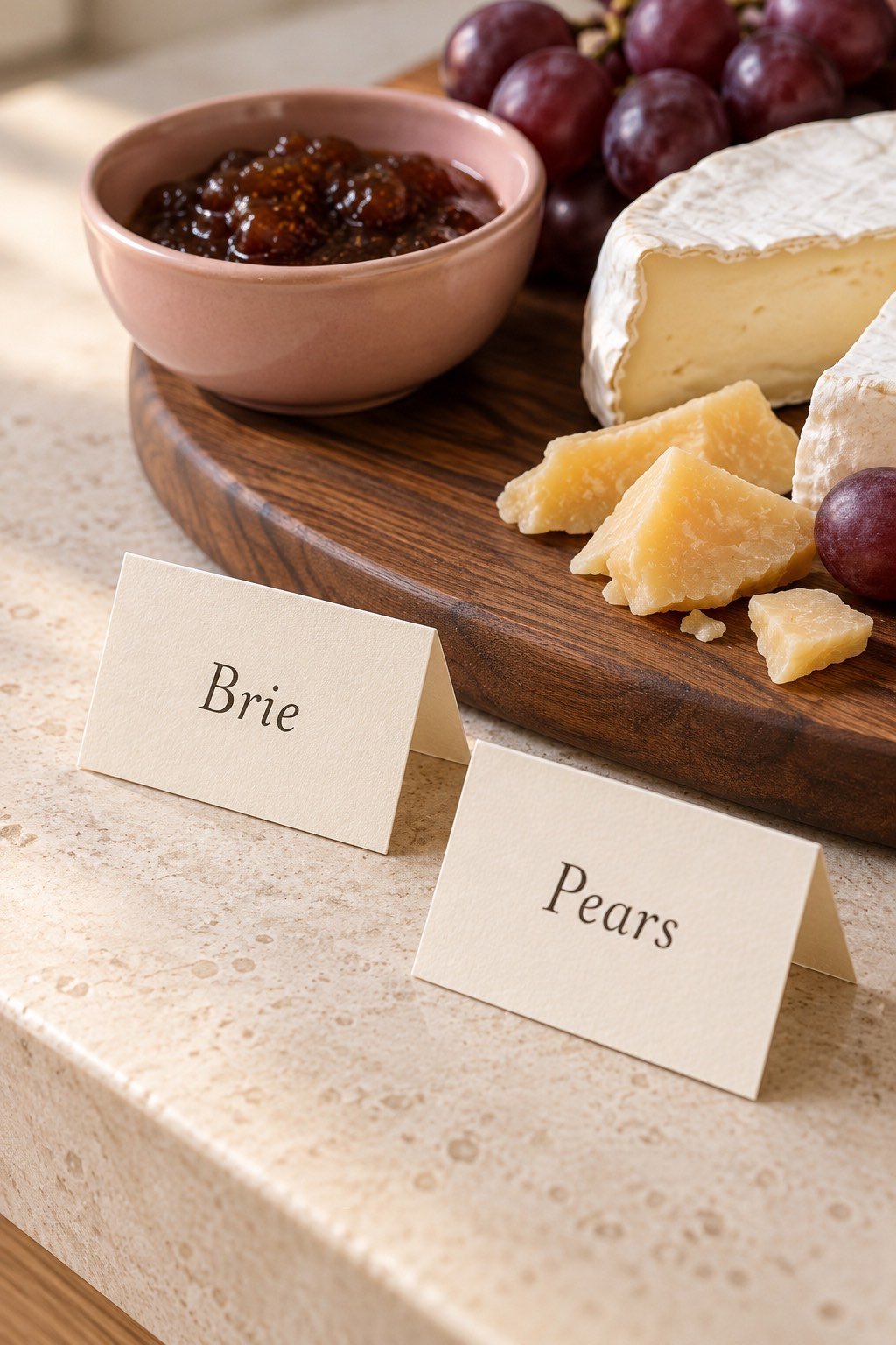 Folded cream food labels reading Brie and Pears stand beside a cheese board and blush jam bowl.