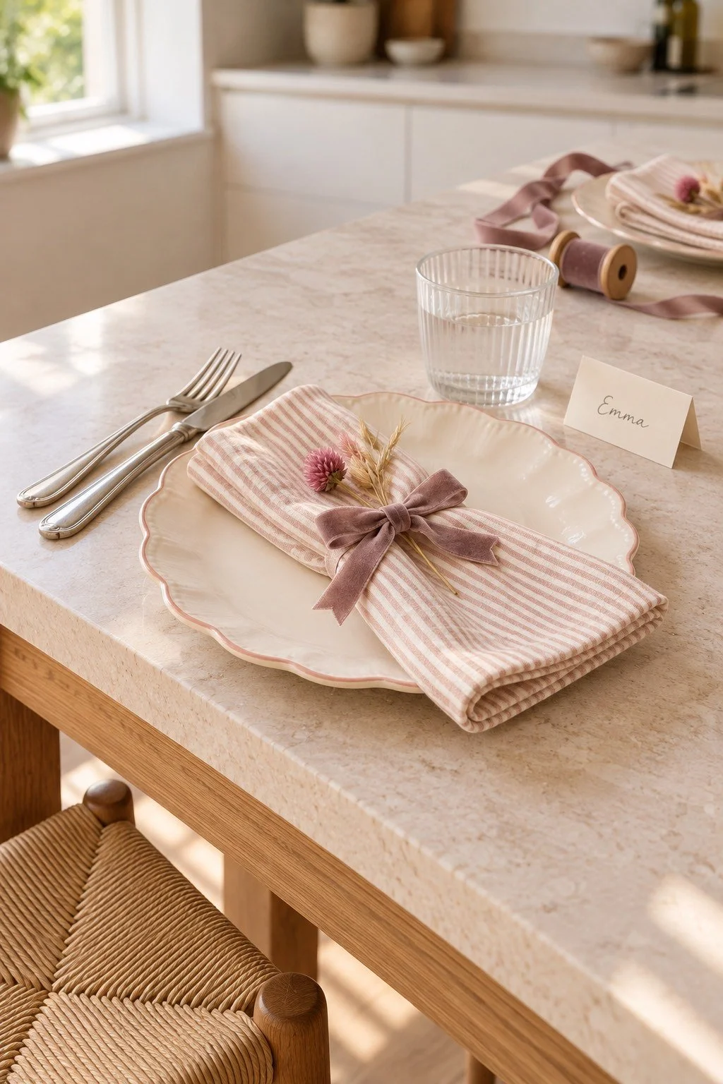 A blush striped napkin tied with mauve velvet rests on a cream scalloped plate beside a name card.