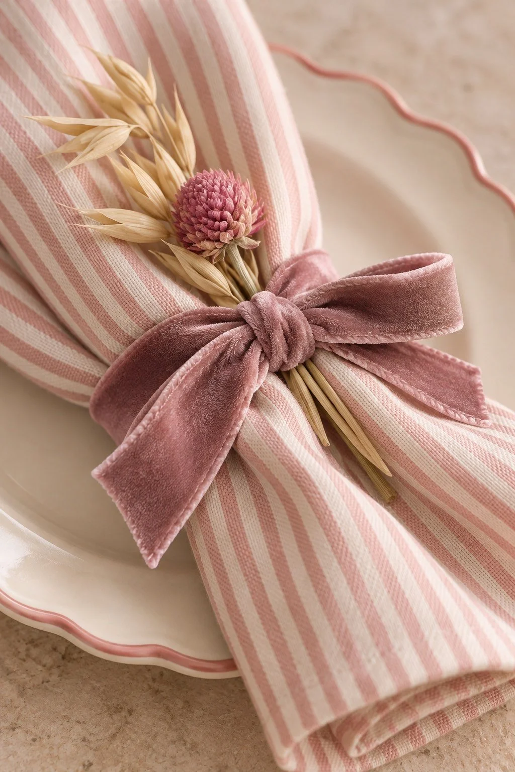 A mauve velvet bow holds a blush striped napkin with a small dried pink flower and oat stem.