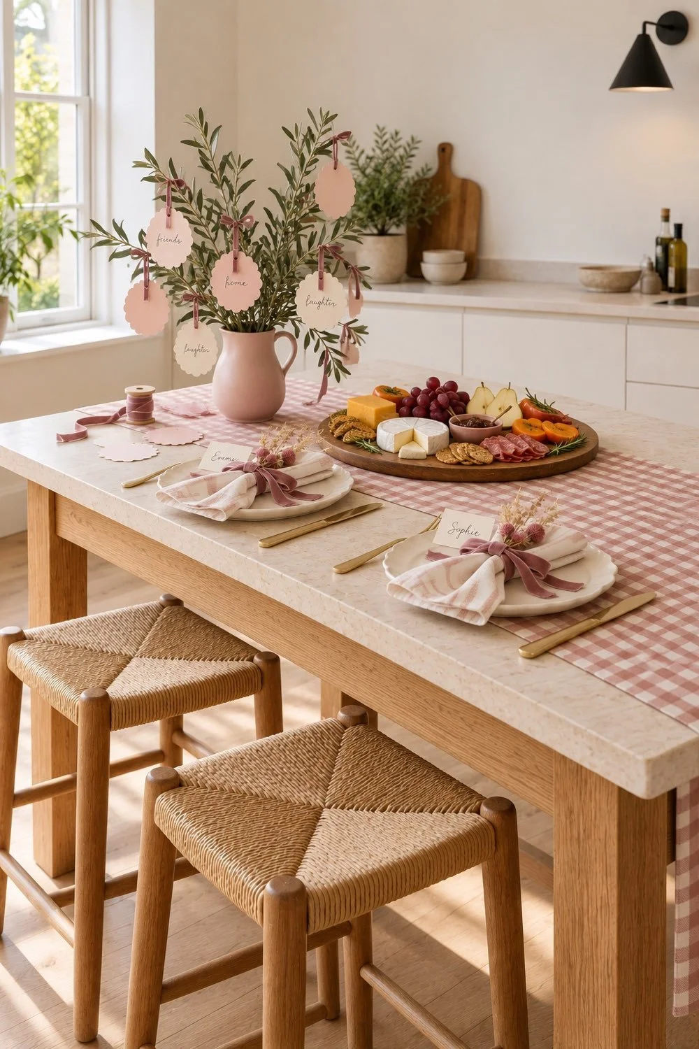 A pink Friendsgiving table combines a paper-leaf gratitude tree, round snack board, and two ribbon-tied place settings.