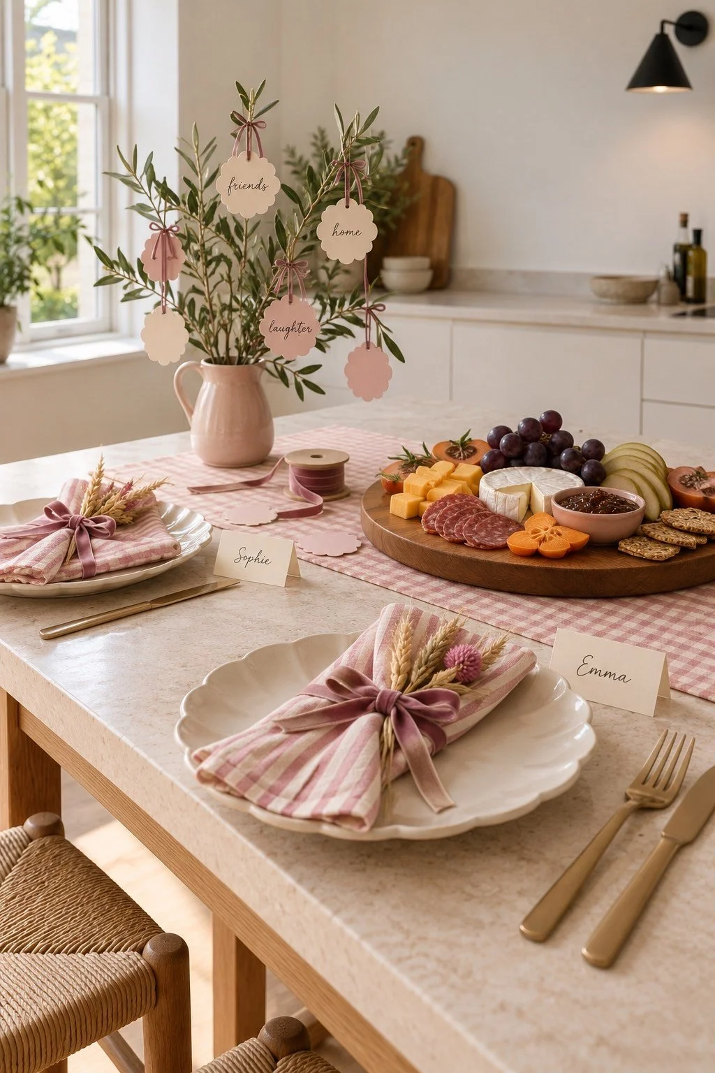A guest-seat view connects a mauve napkin bow, fall snack board, and paper gratitude tree in the kitchen.