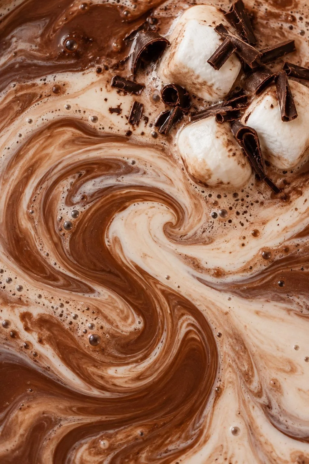 Three marshmallows and dark chocolate curls over a full-frame cocoa and cream swirl.