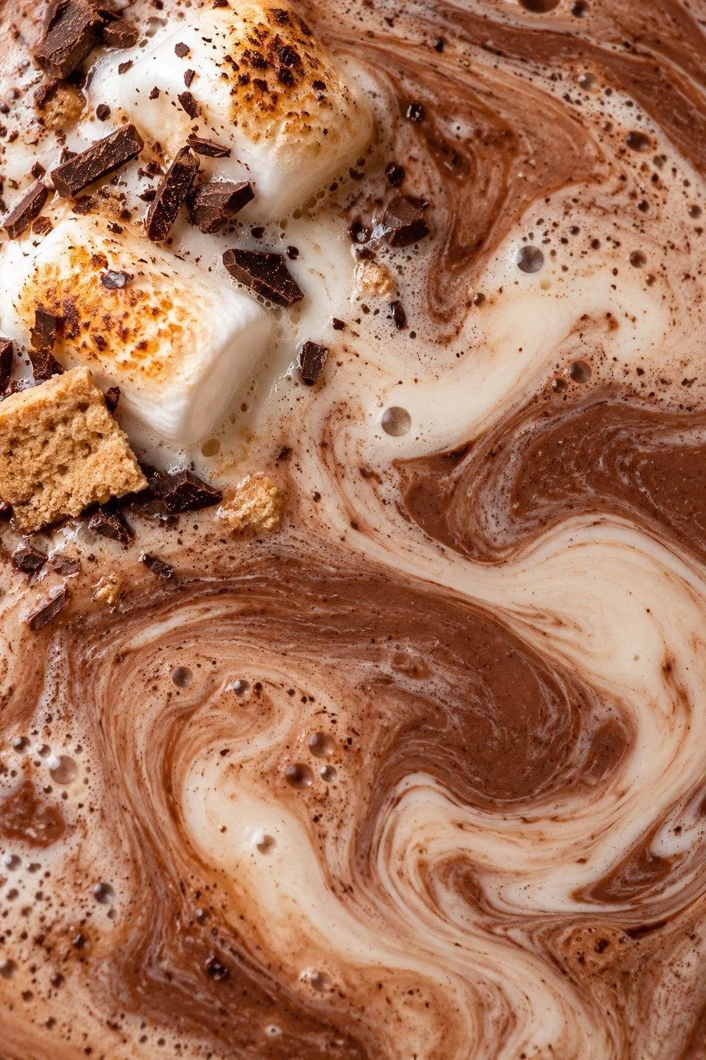Toasted marshmallows, graham cracker and chocolate shavings beside cream swirls in cocoa.