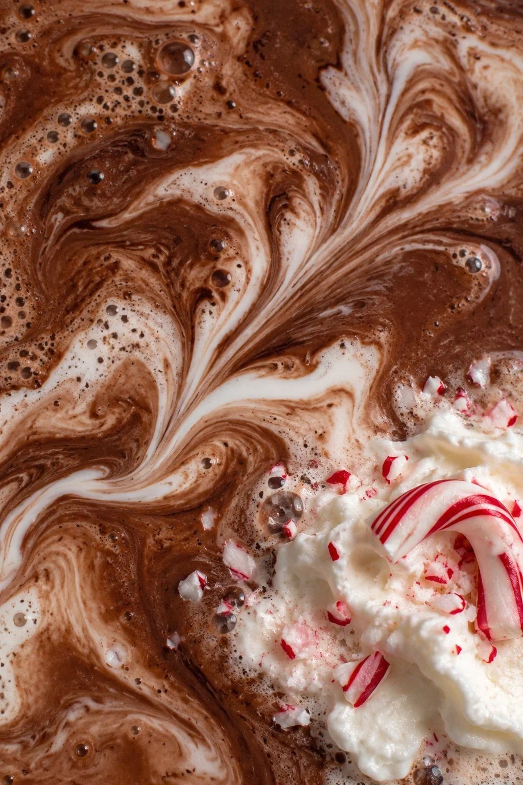Whipped cream, crushed peppermint and a curved candy cane piece on dark cocoa swirls.