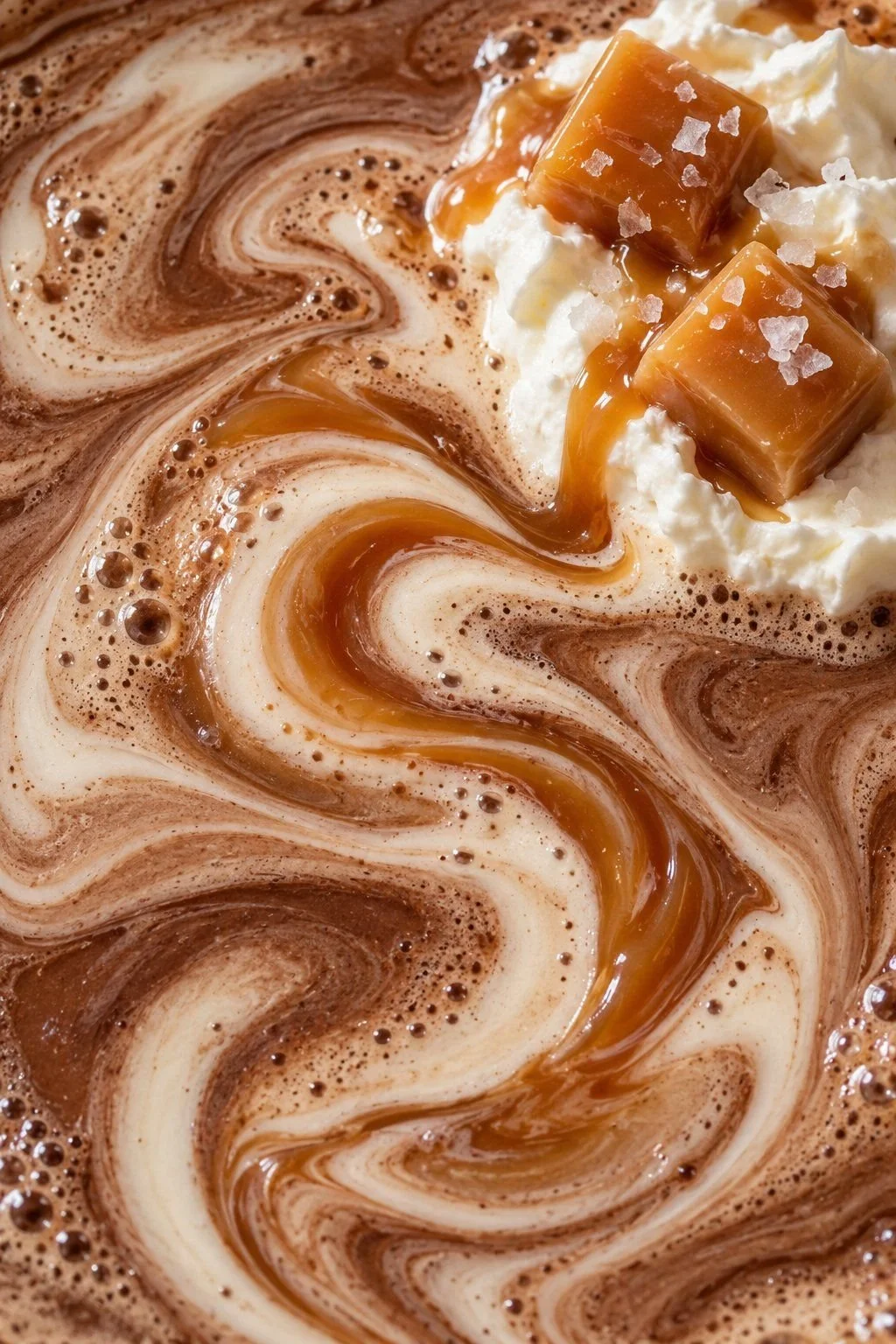 Two salted caramel pieces on whipped cream beside caramel and cocoa ribbons.