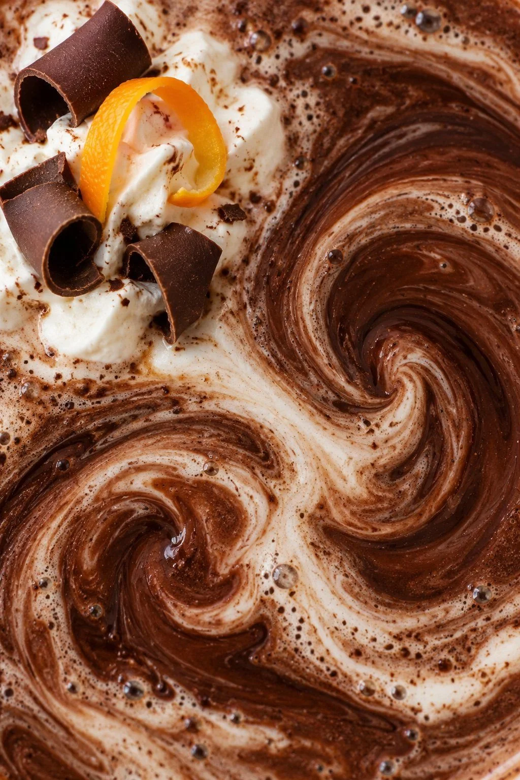 Orange peel and three dark chocolate curls on whipped cream above cocoa swirls.