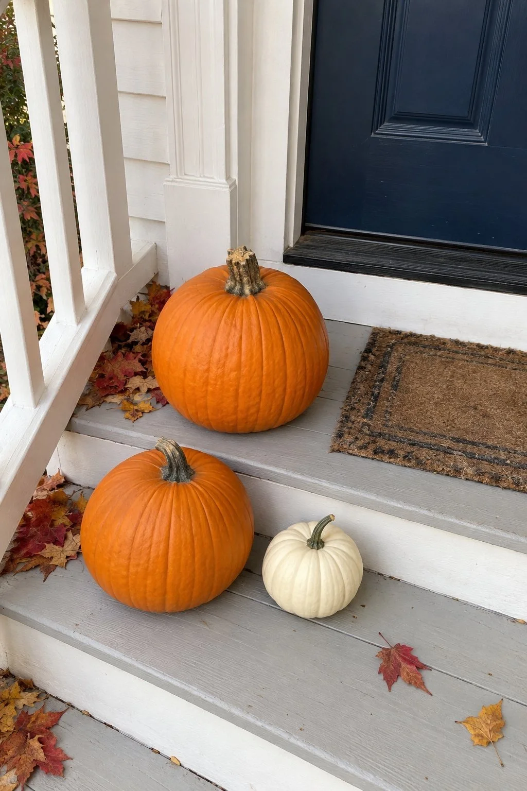 Orange and cream pumpkins on white porch steps.