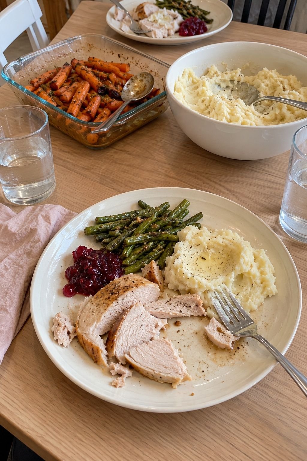 Thanksgiving dishes and four place settings on a small dining table.