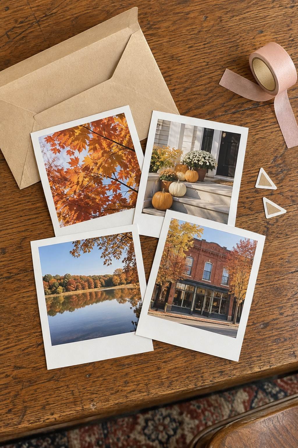 Four autumn instant-style photos beside an open envelope.