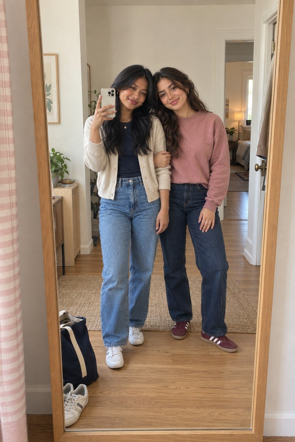 Two friends smile together in an oak-framed mirror.
