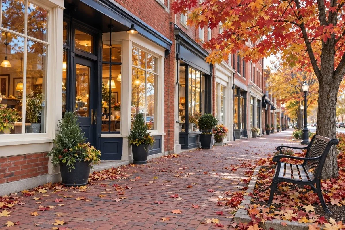 Autumn leaves and a bench outside brick storefronts.
