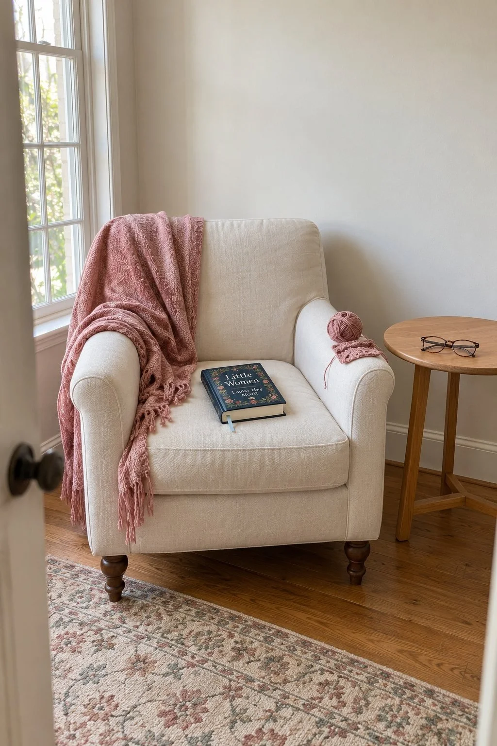 Little Women and a pink throw on a cream reading chair.