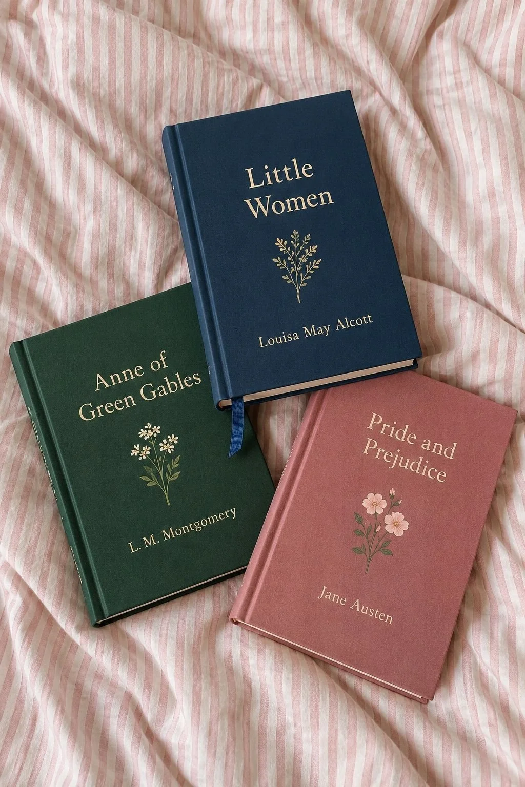 Three classic books on pink-striped bedding.