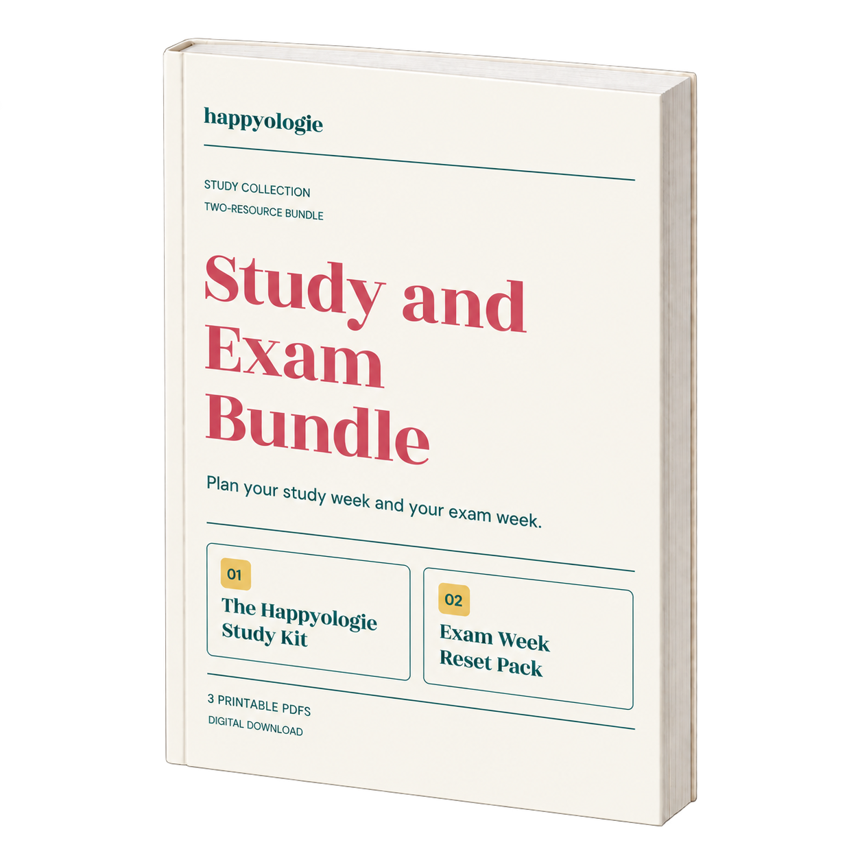 Happyologie Study and Exam Bundle shown as a cream 3D book with a coral title. Includes the Study Kit and Exam Week Reset Pack.
