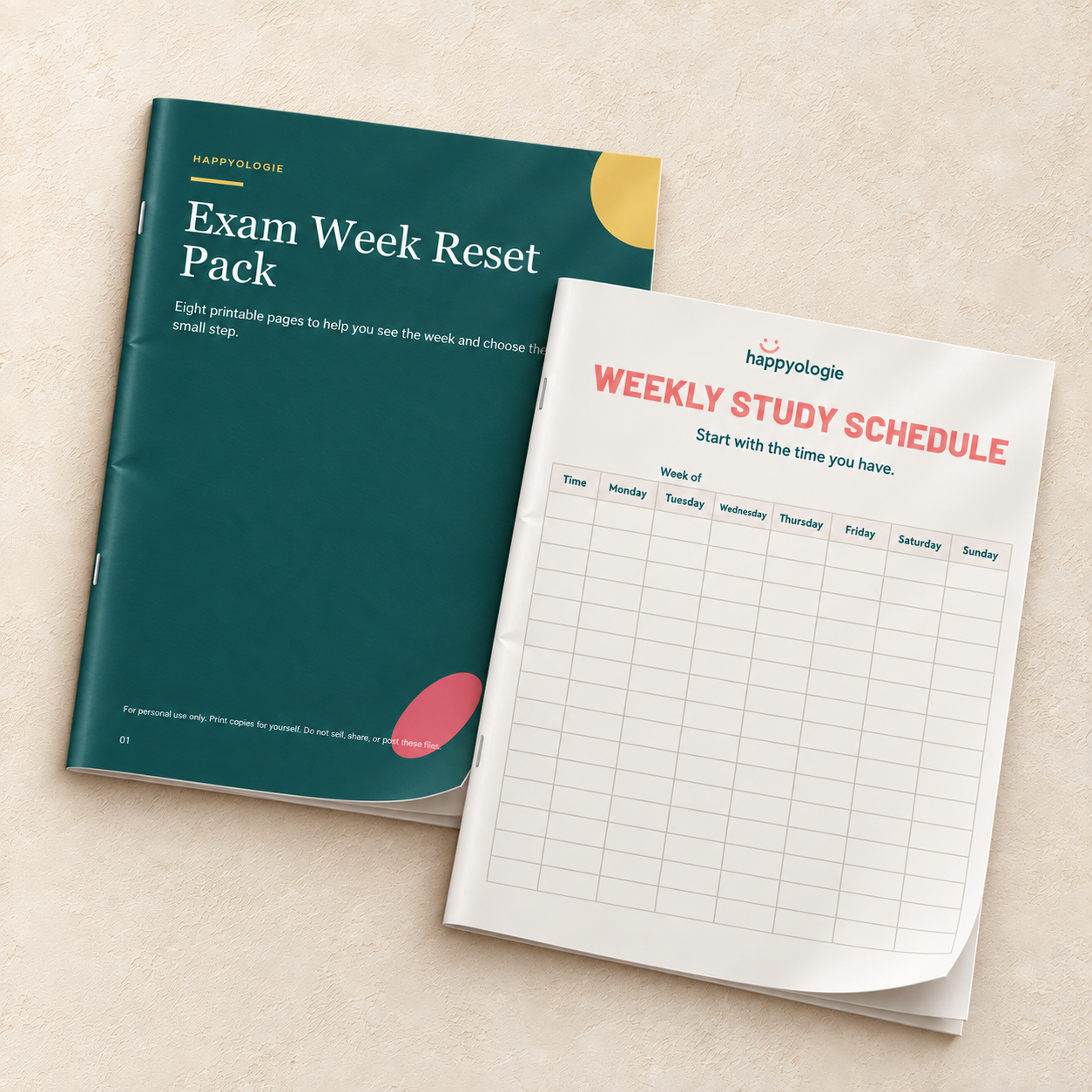 Happyologie Study and Exam Bundle shown as two thin paper magazines. Digital PDF downloads.