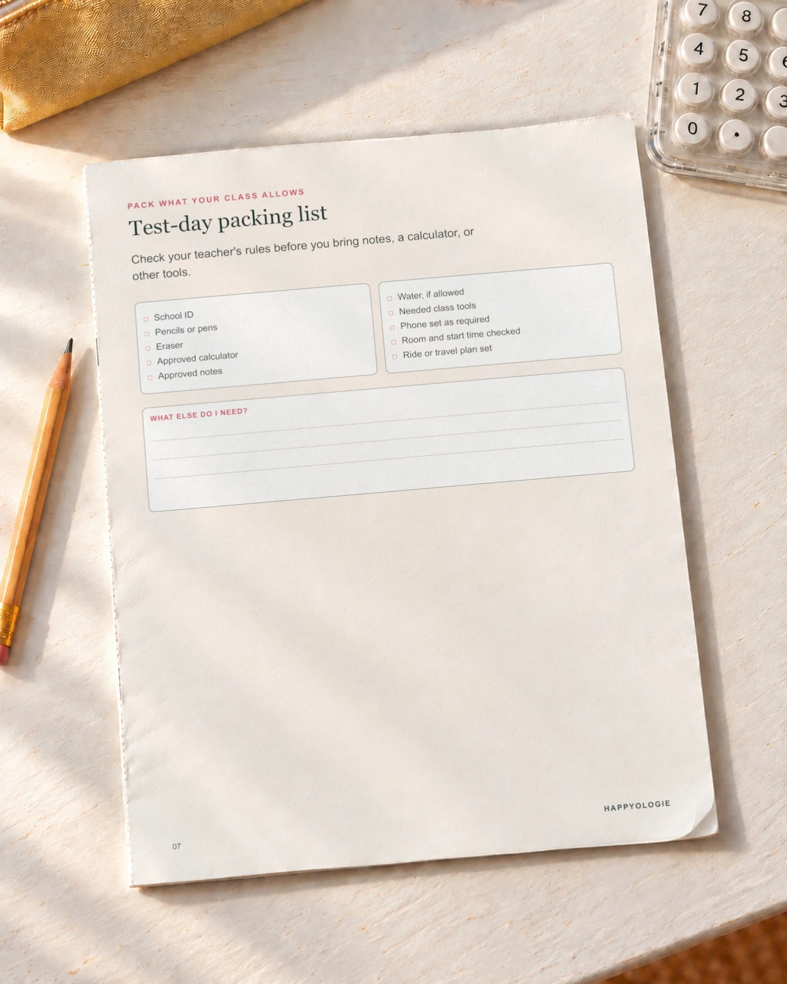 Test-day packing list from the Exam Week Reset Pack on a white table.