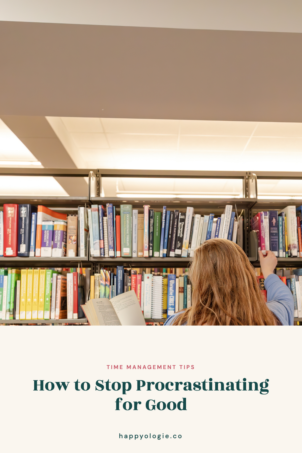 College student reaching for a library book while holding an open book.