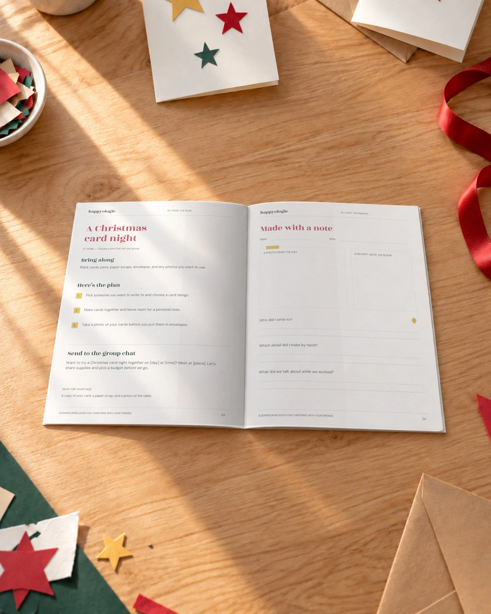 Open Christmas with Friends guide with the making Christmas cards plan and blank memory page.