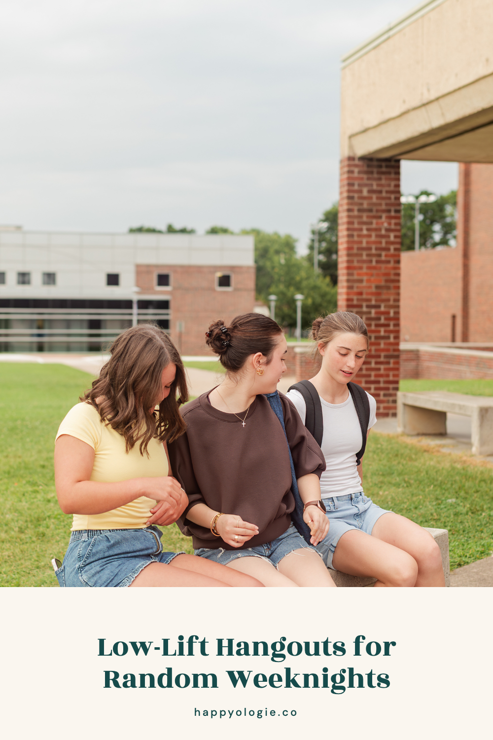 Three college friends sitting together outside campus: low-lift hangouts for random weeknights, fun things to do in college with friends