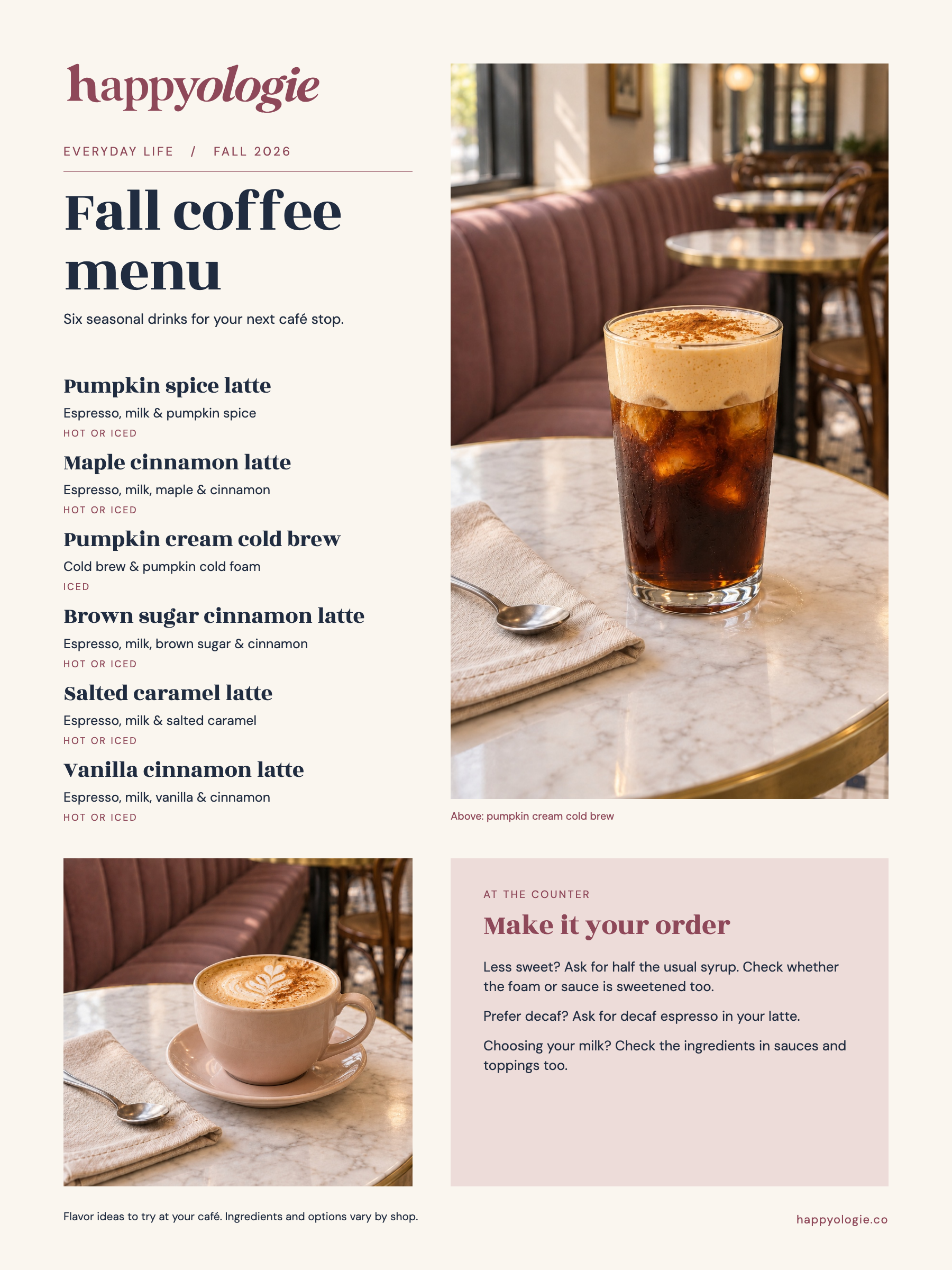 Happyologie Fall Coffee Menu with six seasonal drinks, café photos, and ordering tips.