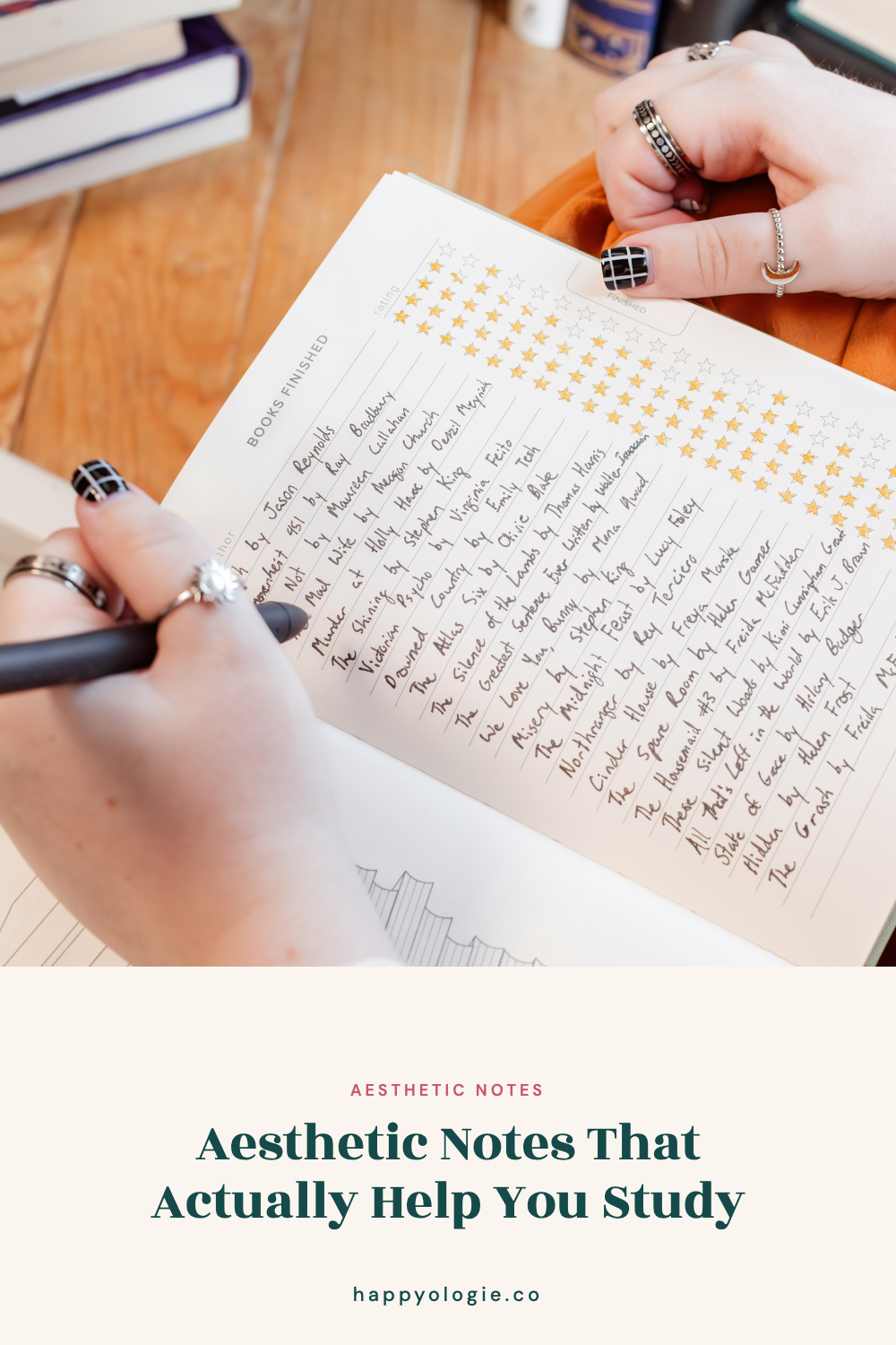 Student writing in a notebook below the words Aesthetic Notes That Actually Help You Study