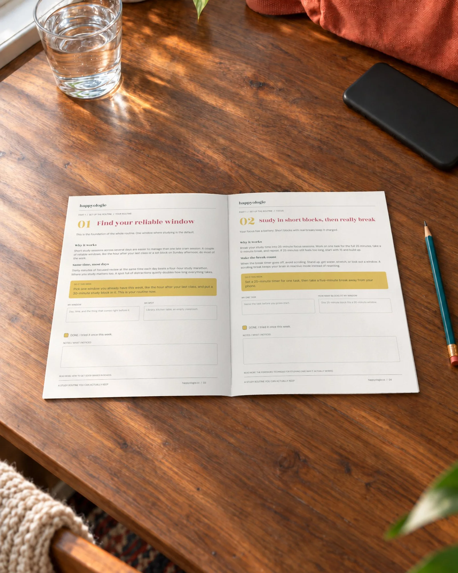 Study Routine guide open to the reliable window and short study block pages.