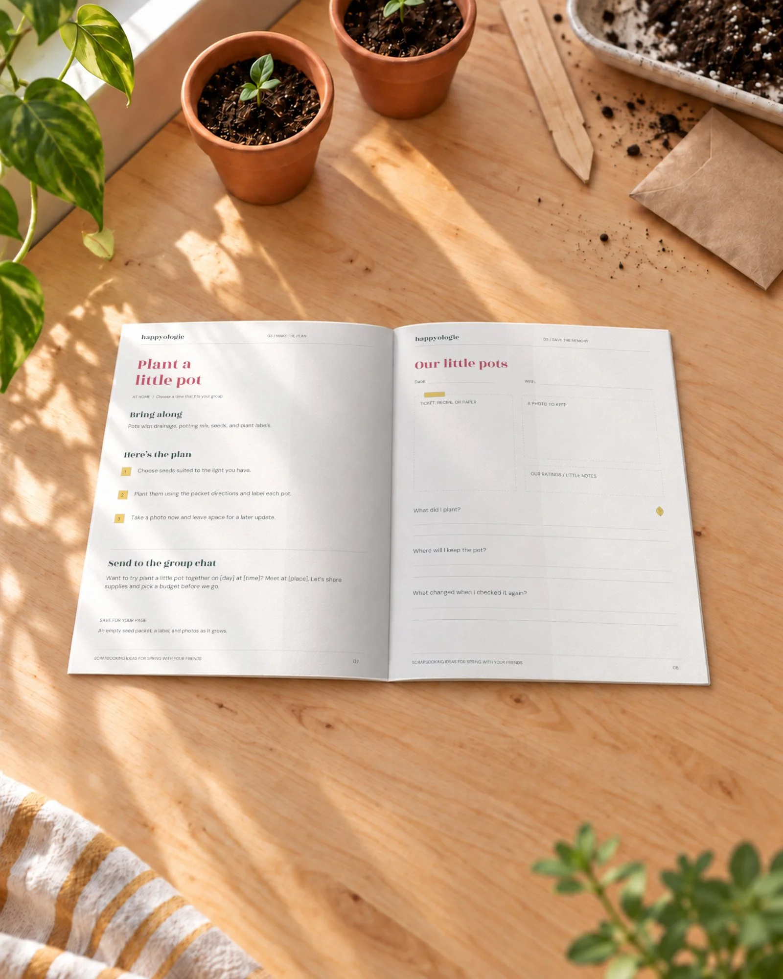 Open Spring with Friends guide with the planting small pots plan and blank memory page.