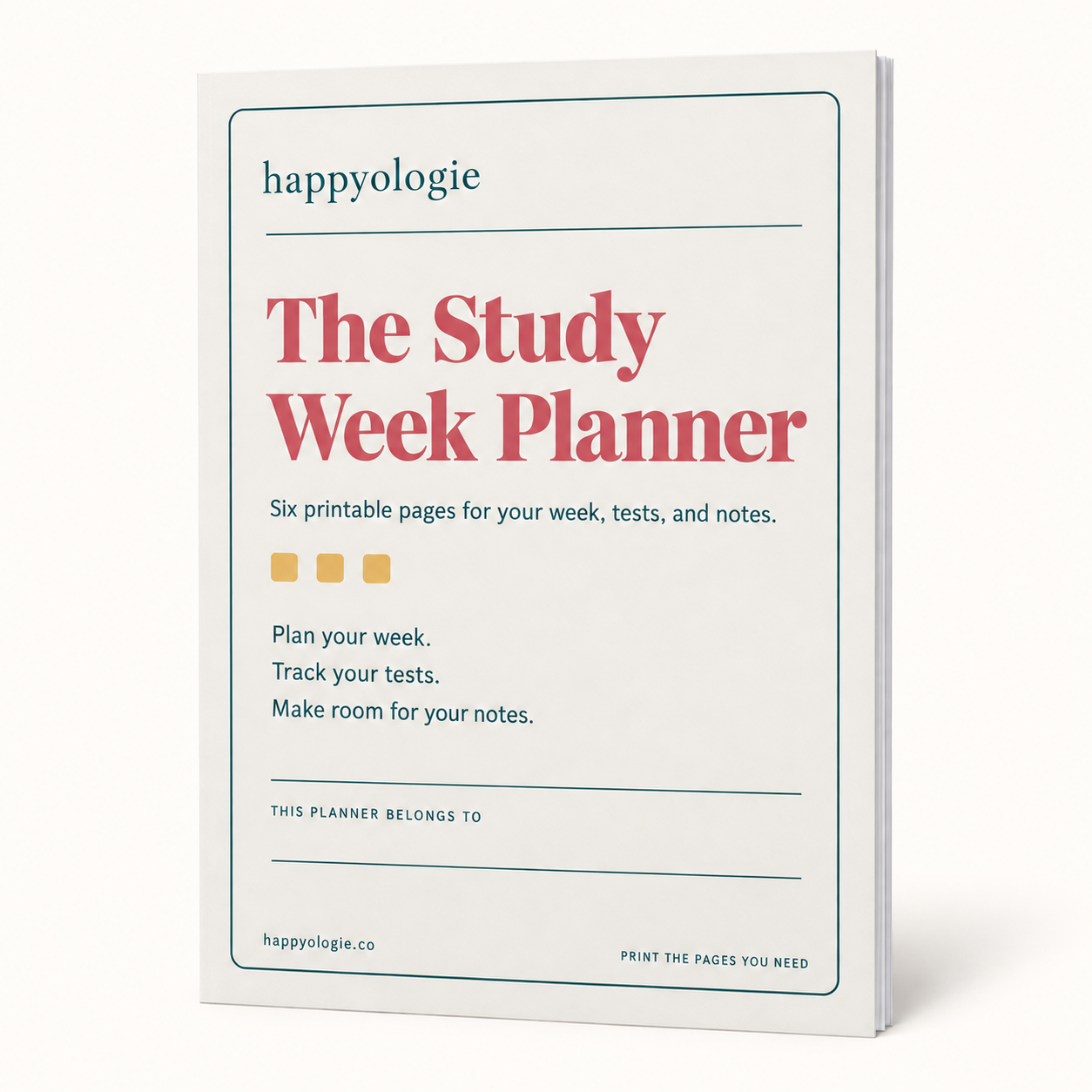 3D front cover of The Study Week Planner, a free printable planner from Happyologie.