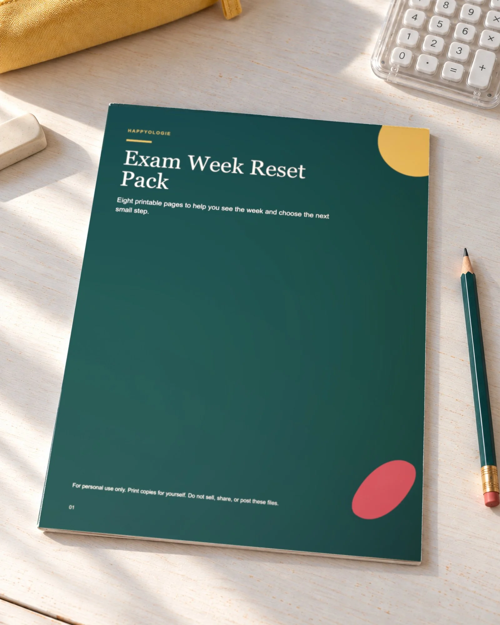 Exam Week Reset Pack cover on a white table beside a pencil.