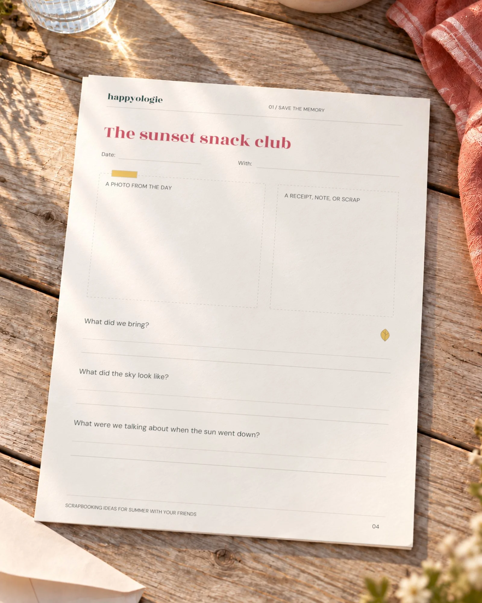 Blank memory page for a sunset snack stop from the Summer with Friends guide.