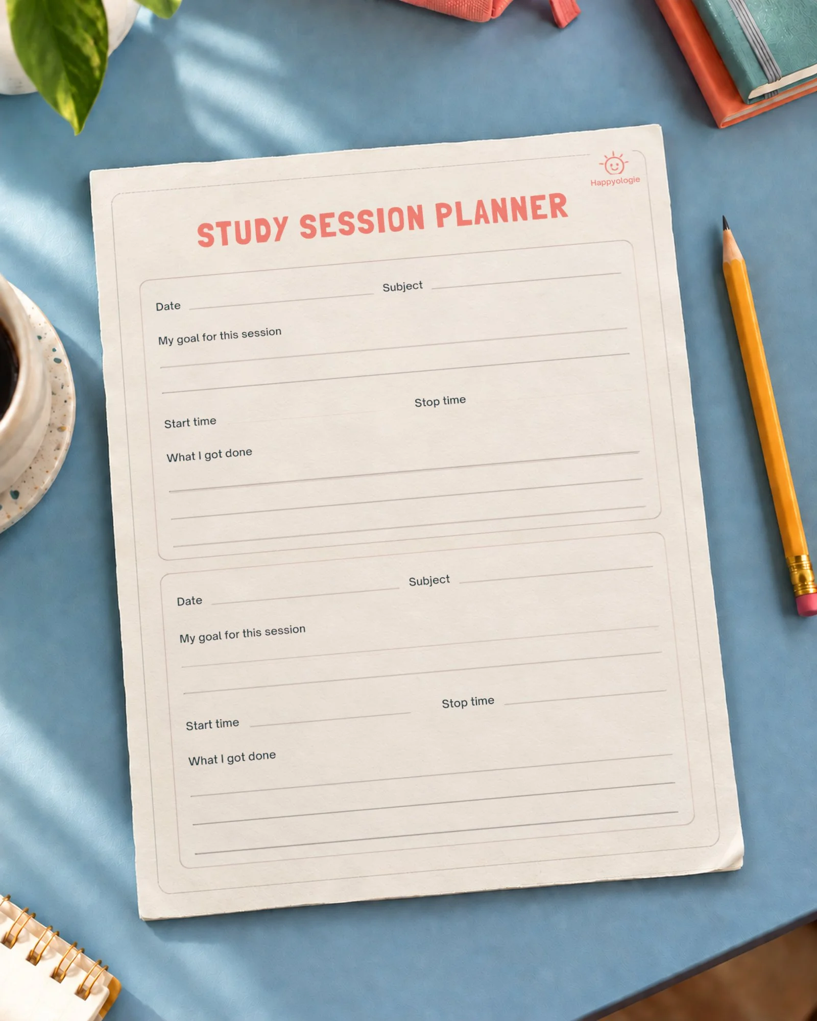 Study Session Planner page on a blue desk.