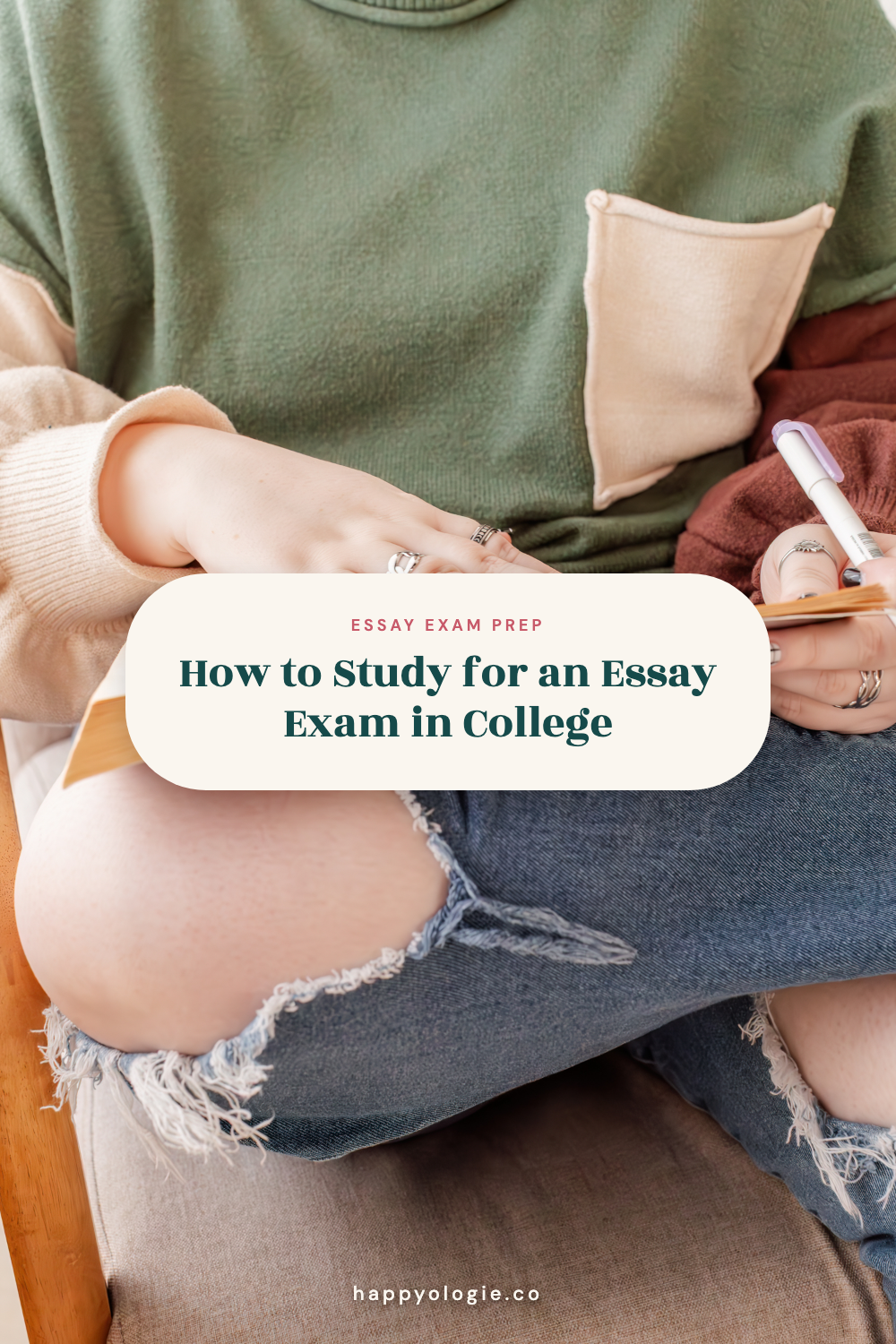 How to Study for an Essay Exam in College, shown over a student writing in a notebook.