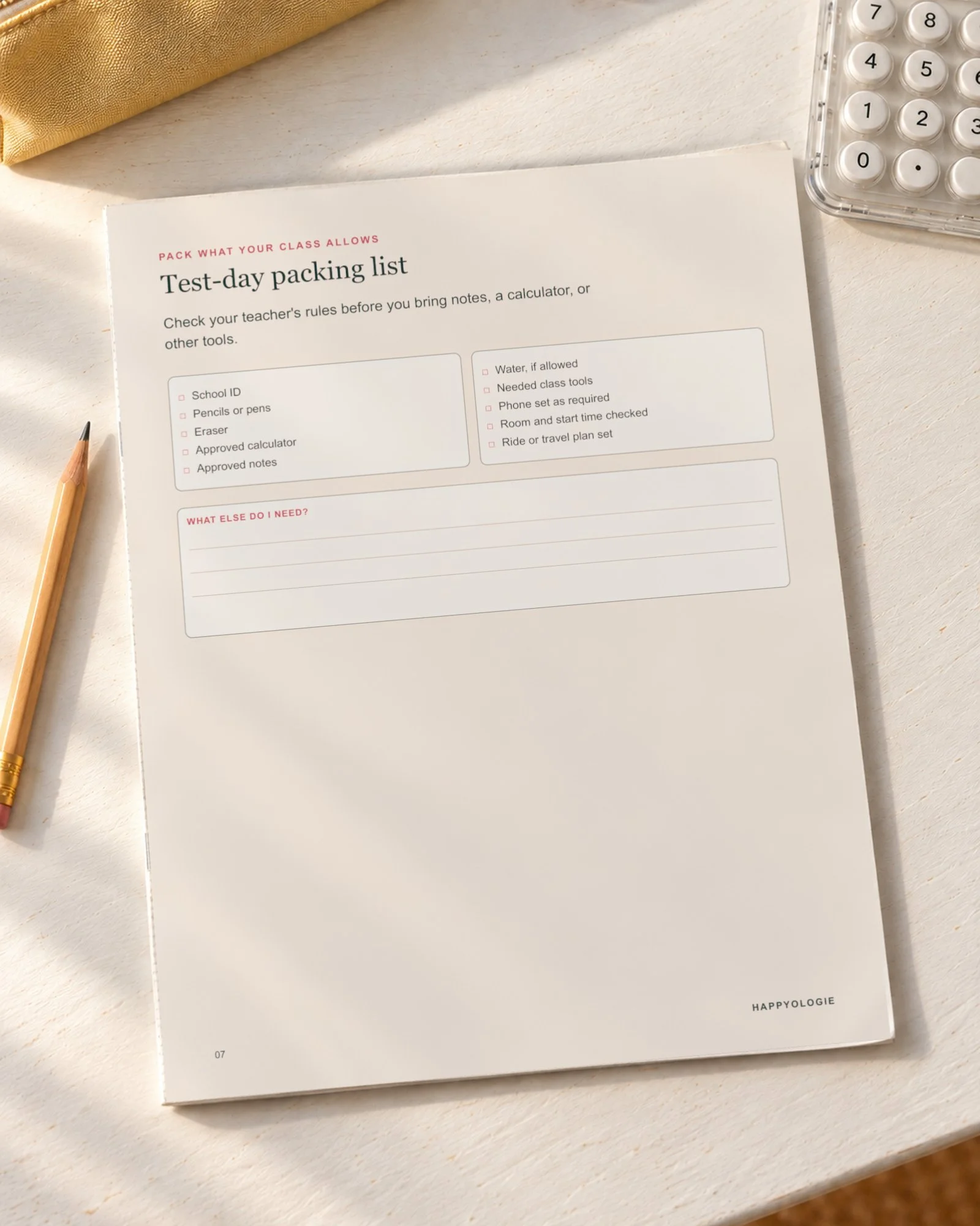 Test-day packing list from the Exam Week Reset Pack on a white table.