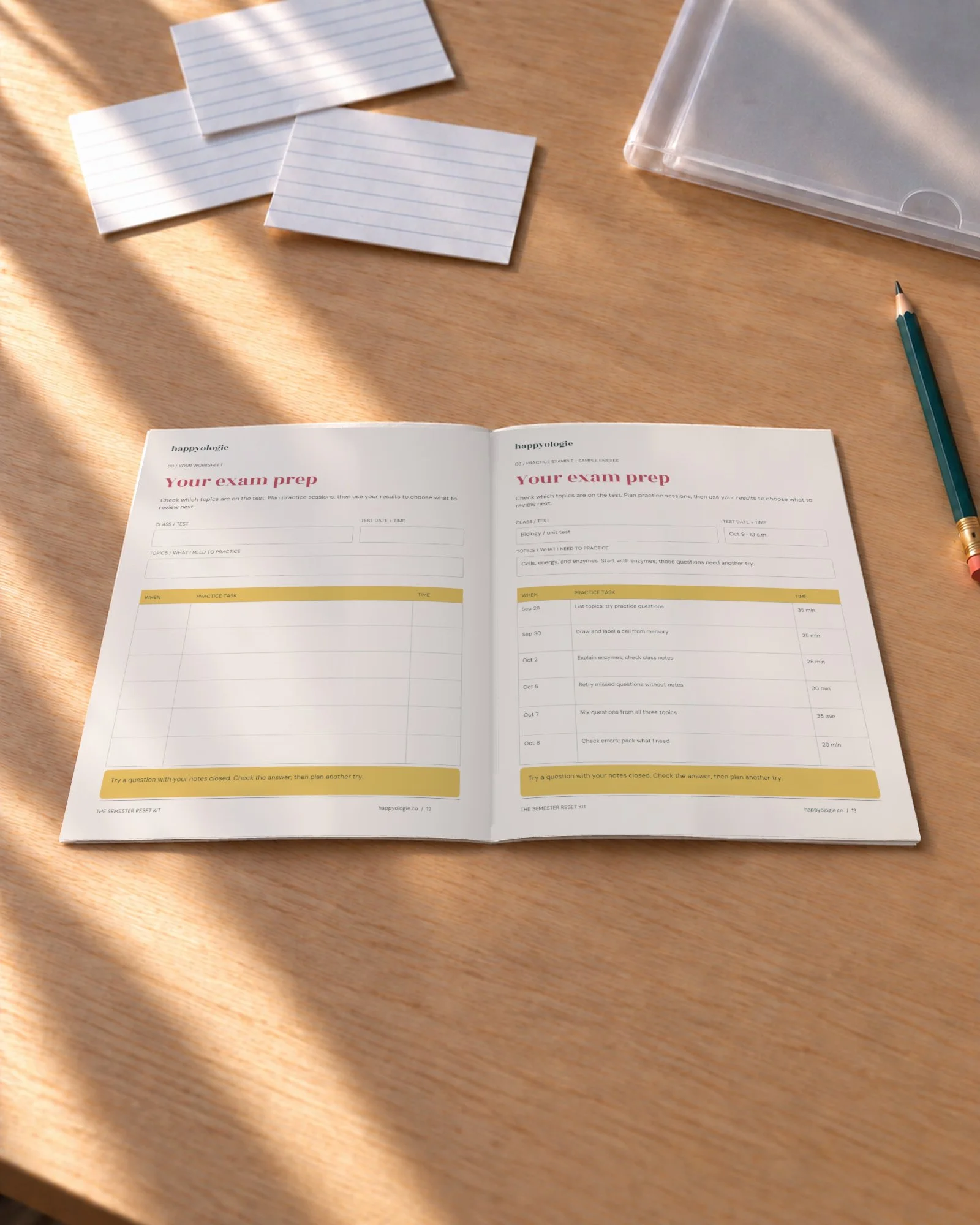 Exam prep worksheet and filled-in example from The Semester Reset Kit beside study cards and a pencil.
