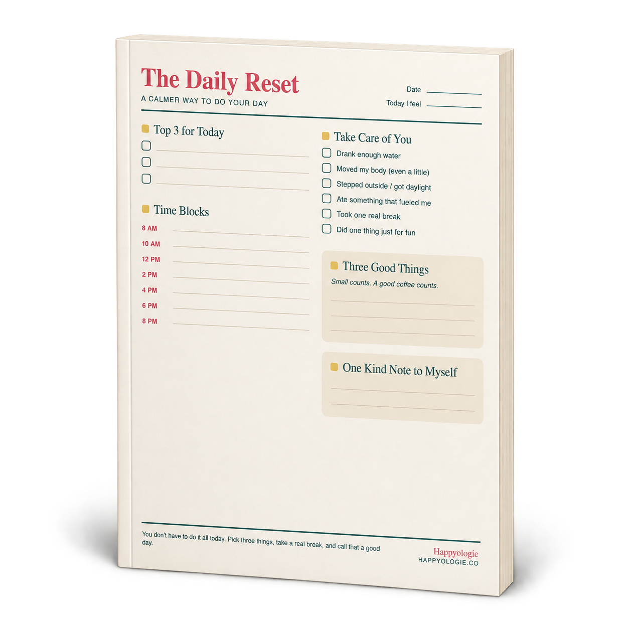 Magazine-style preview of The Daily Reset, a free one-page Happyologie planner.