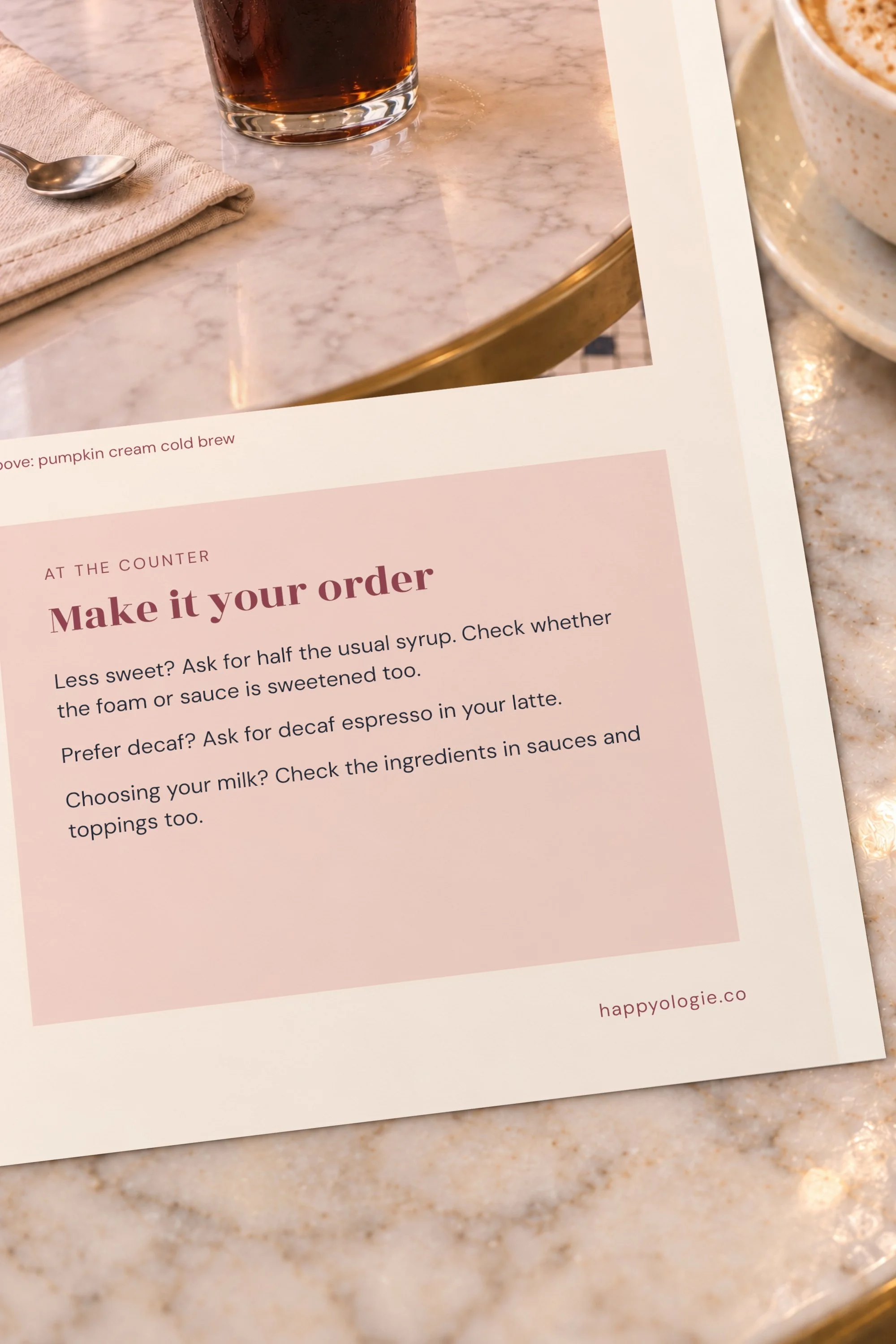 Close view of the Fall Coffee Menu tips for sweetness, decaf and milk choices.