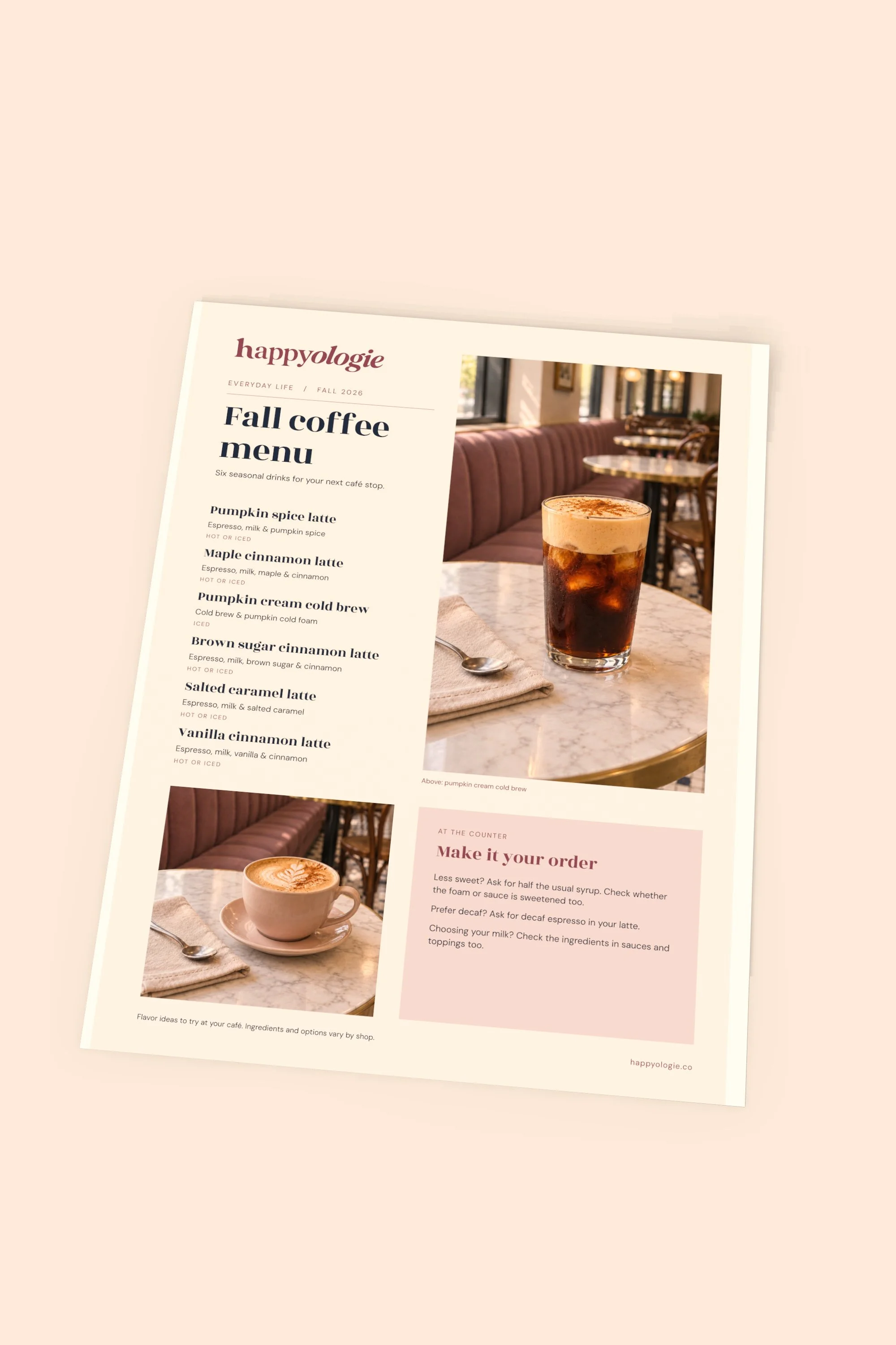 Happyologie Fall Coffee Menu on one cream sheet against a soft peach background.