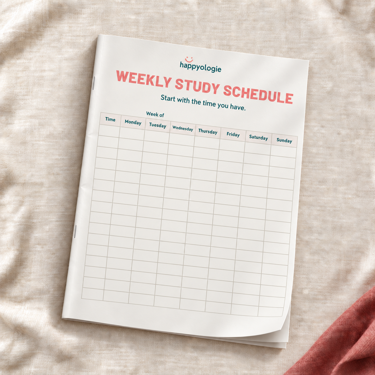 The Happyologie Study Kit shown as a thin paper magazine with a weekly study schedule. Printable PDF download.