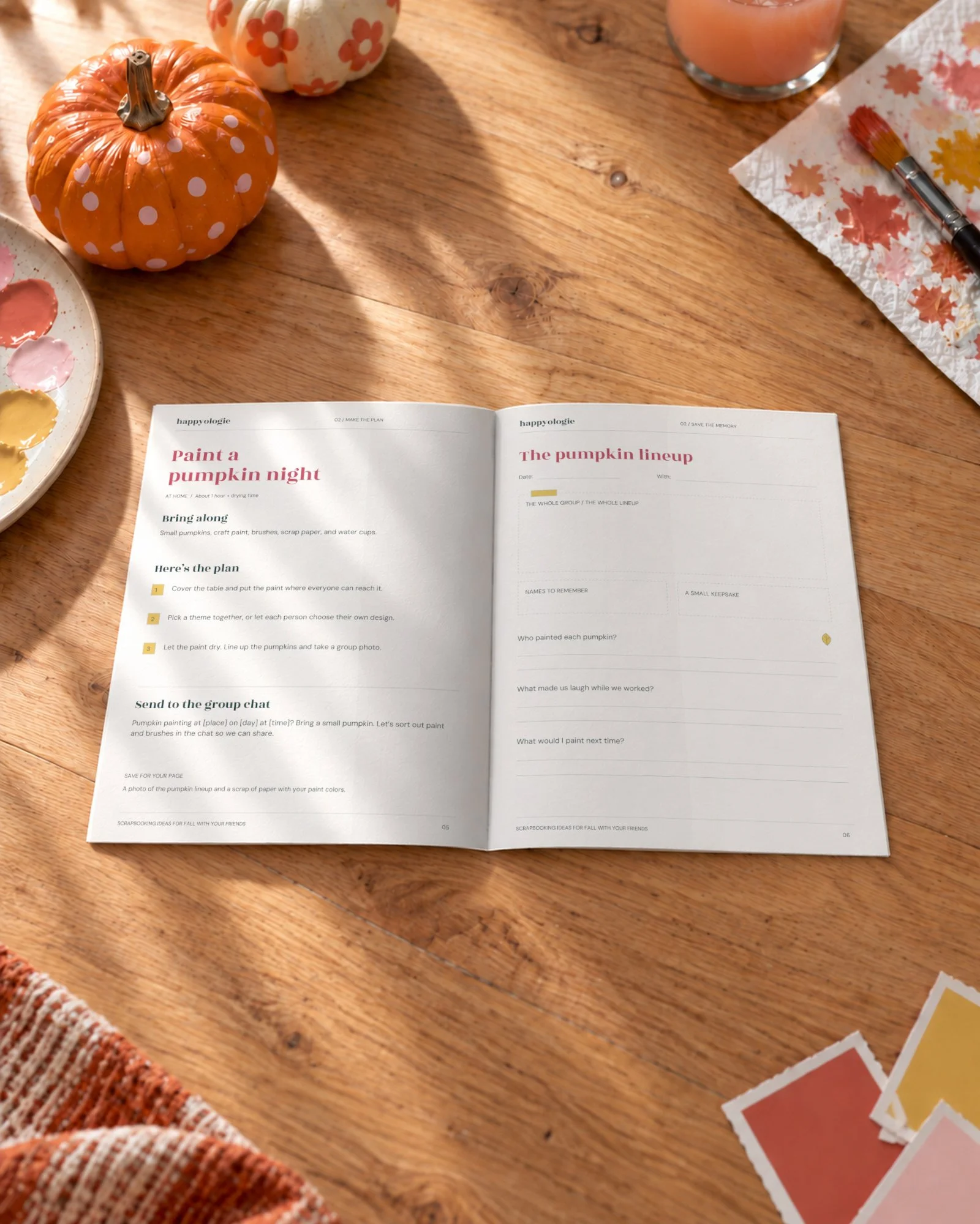 Open Fall with Friends guide with the pumpkin painting plan and blank memory page.