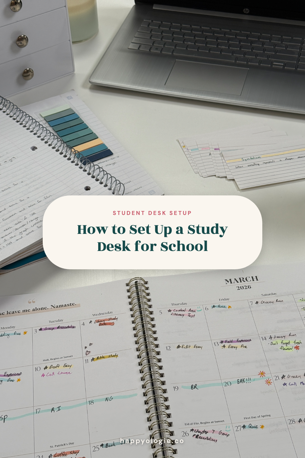 Study desk with a laptop, notebooks, planner, index cards, and the title How to Set Up a Study Desk for School.
