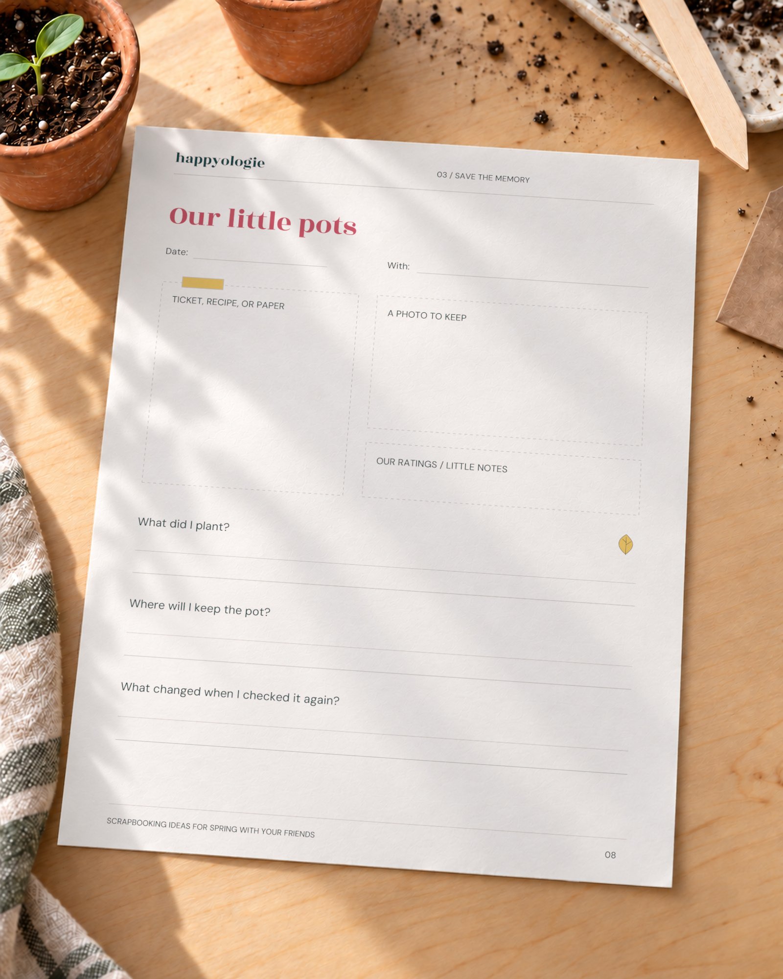 Blank memory page for planting small pots from the Spring with Friends guide.