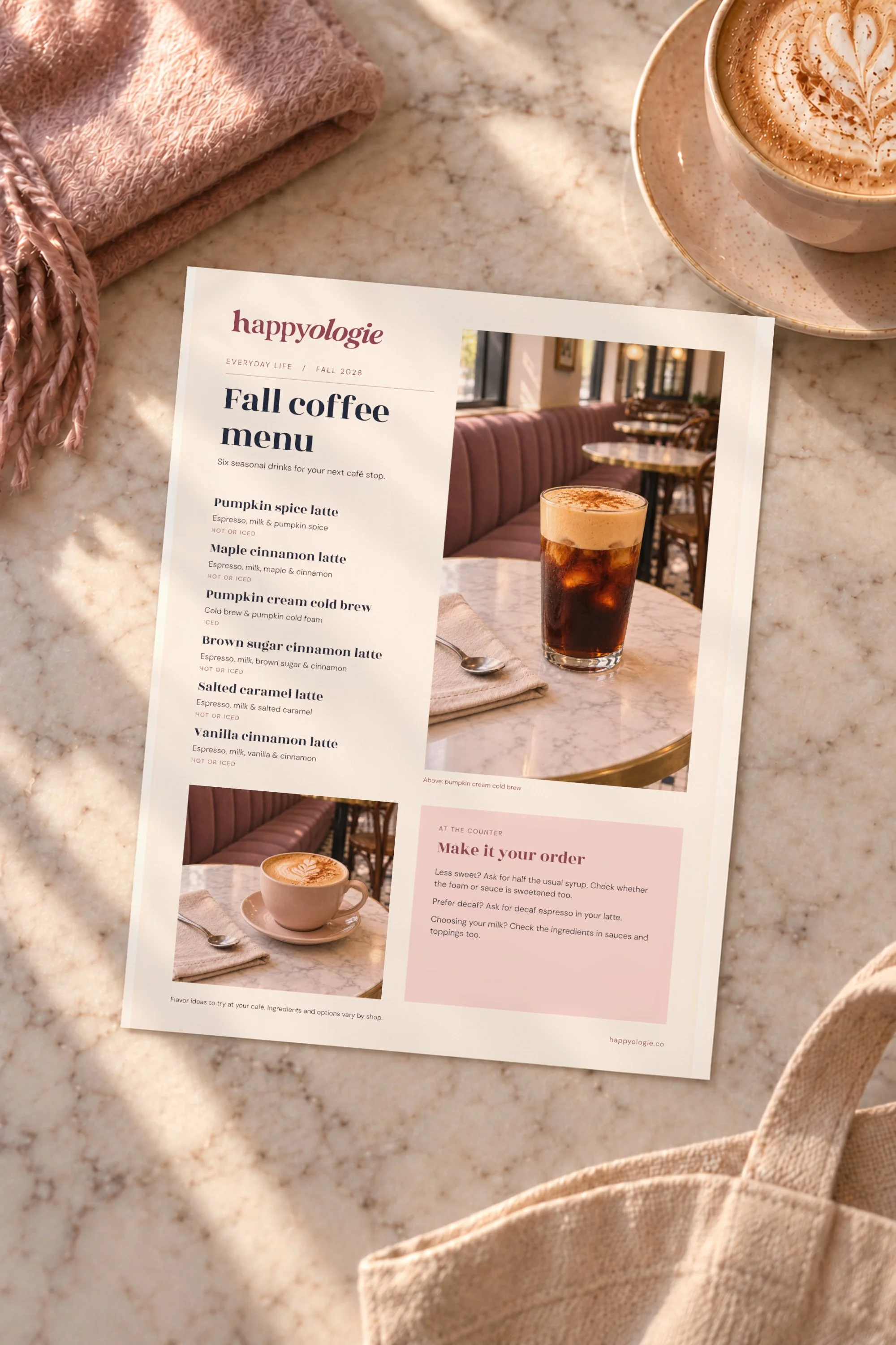 Overhead view of the Fall Coffee Menu with a latte, pink scarf and canvas tote.