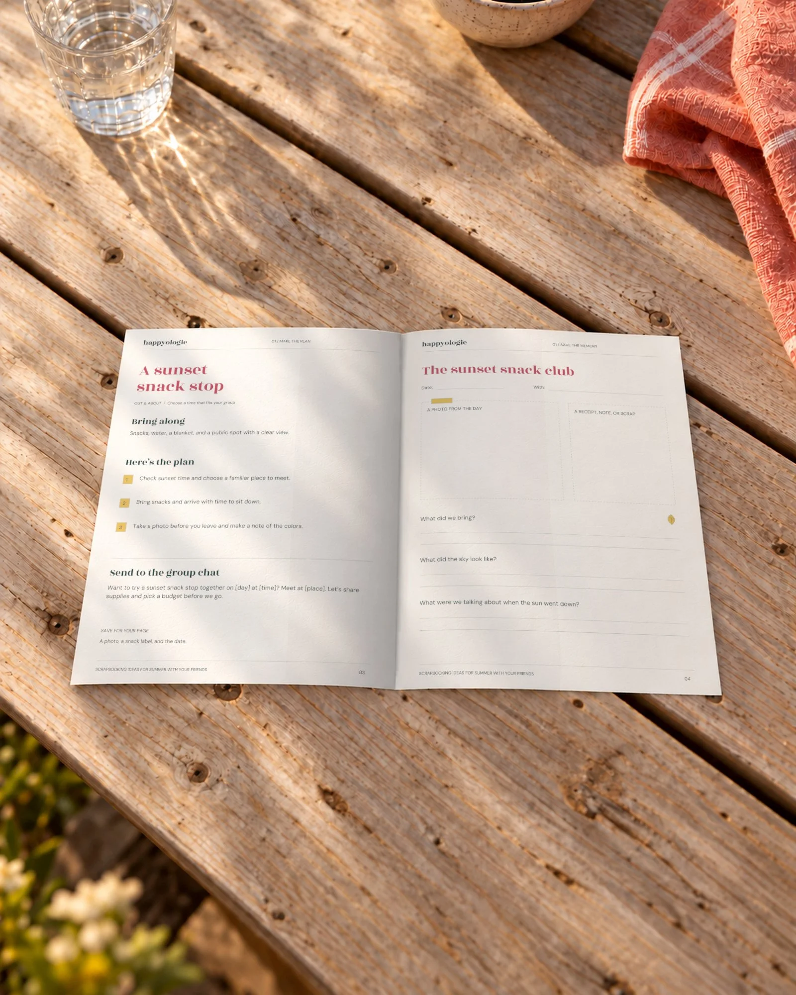 Open Summer with Friends guide with a sunset snack stop plan and blank memory page.