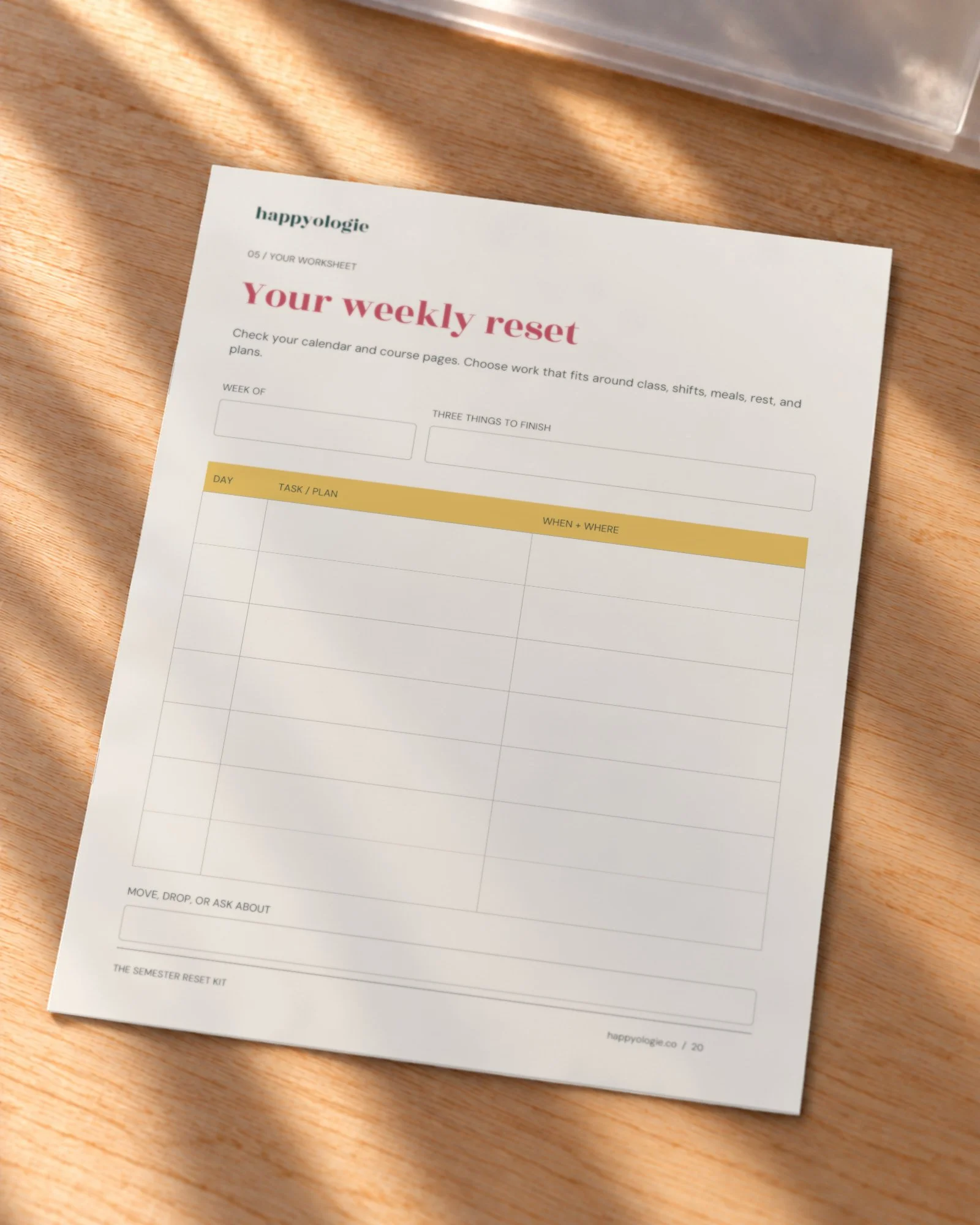 Full weekly reset worksheet from The Semester Reset Kit on a wood desk.