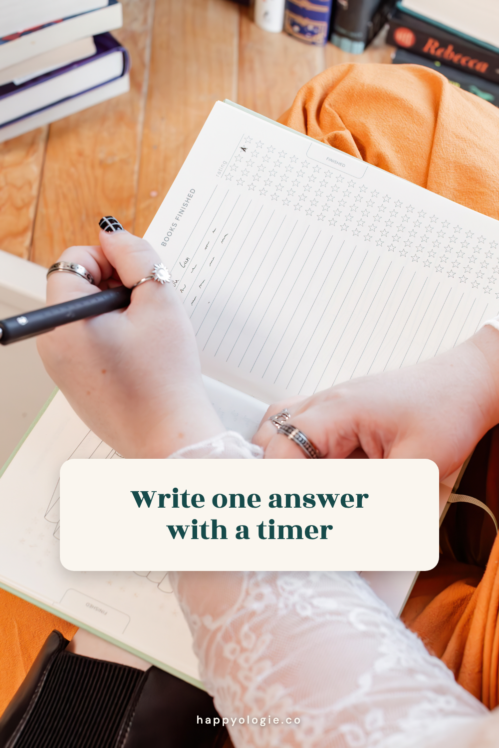 Write one answer with a timer, shown with a student writing in a notebook.