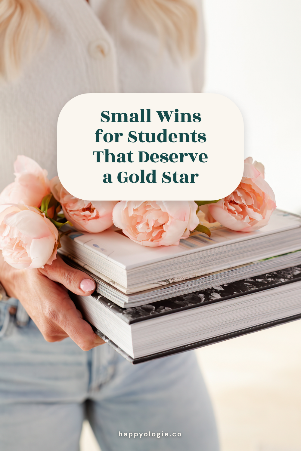 A student holding books and pink flowers, with the title Small Wins for Students That Deserve a Gold Star.